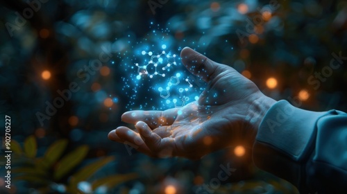A 3d rendering of molecules abstraction hovering over a man's palm in blue light