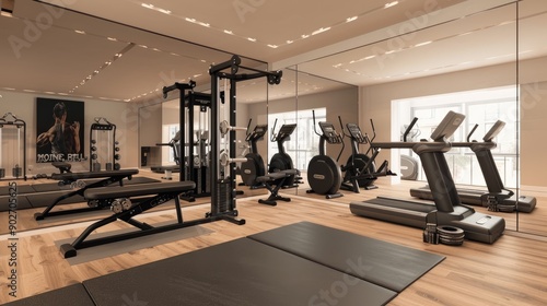 A stylish home gym with large mirrors