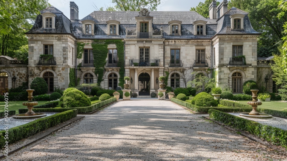 The front yard is landscaped with formal gardens, a large fountain, and a gravel driveway leading to the impressive entrance. The front yard is landscaped with formal gardens, a large fountain, and a gravel driveway leading to the impressive entrance.