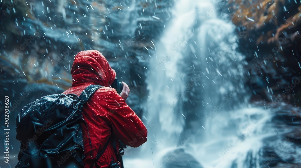 Fototapeta premium A hiker in a red jacket captures a stunning waterfall amidst mist and rain, showcasing the beauty of nature and adventure.