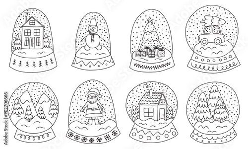 Set of glass snow globes sketches. Hand drawn cute snow globes vector set.