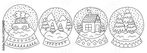 Doodle snowglobes with Christmas tree and winter landscape vector set