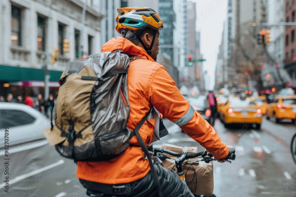 A cyclist wearing an orange jacket and backpack rides through a bustling city street filled with traffic, showcasing urban commuting challenges and dynamics. A cyclist wearing an orange jacket and backpack rides through a bustling city street filled with traffic, showcasing urban commuting challenges and dynamics.