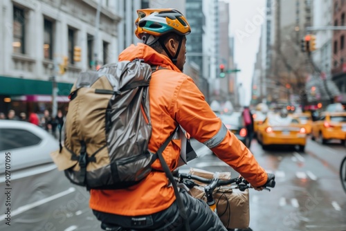 A cyclist wearing an orange jacket and backpack rides through a bustling city street filled with traffic, showcasing urban commuting challenges and dynamics. photo