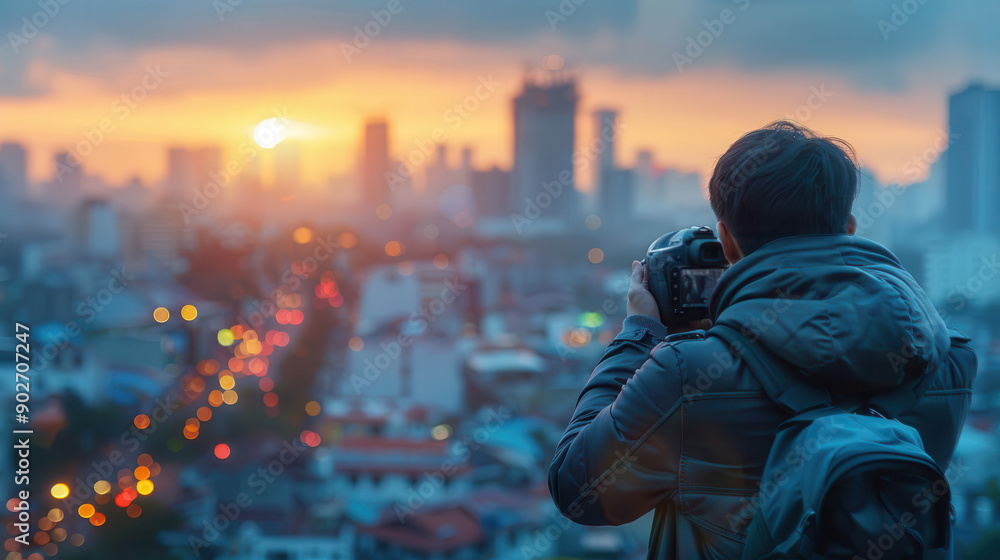 A photographer captures a stunning sunset over a cityscape, showcasing vibrant colors and dynamic urban life. A photographer captures a stunning sunset over a cityscape, showcasing vibrant colors and dynamic urban life.