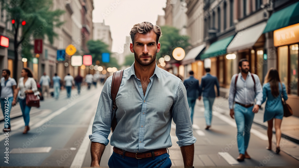 Handsome young man walking towards the camera on a busy city walkway, late afternoon, soft background, summer vibe. Handsome young man walking towards the camera on a busy city walkway, late afternoon, soft background, summer vibe.