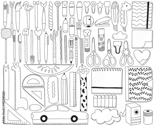Stationery hand drawn doodle vector set. Big set of pens, pencils, notepads, rulers, paper clips, glue stick and other school supplies