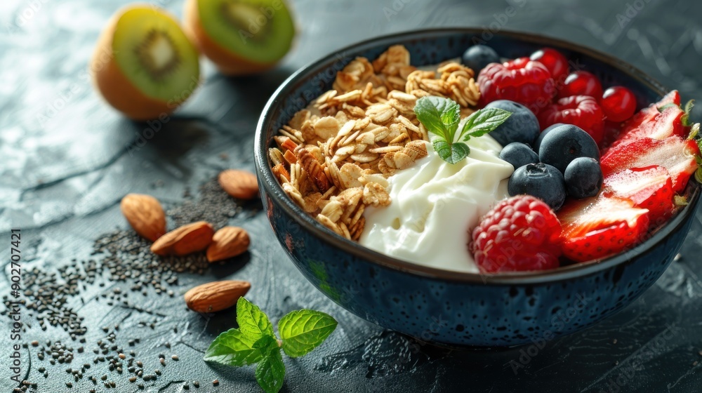Bowl of granola with yogurt and fresh berries on a texture table. Bowl of granola with yogurt and fresh berries on a texture table.