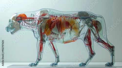 Detailed Anatomical Illustration of a Walking Dog Highlighting Internal Organs and Blood Circulation photo