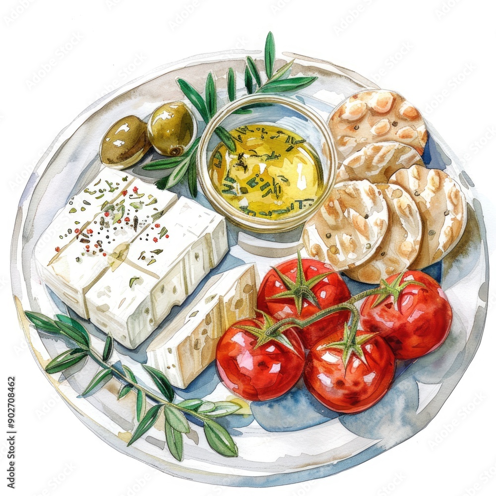 Hand-painted Watercolor Illustration of Fresh White Cheese with Olive Oil, Tomatoes, and Herbs on Plate Hand-painted Watercolor Illustration of Fresh White Cheese with Olive Oil, Tomatoes, and Herbs on Plate