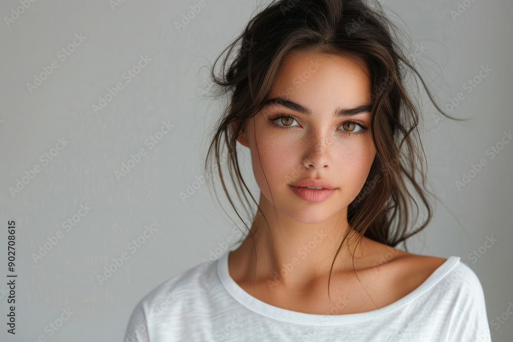 Beautiful young woman in white t-shirt on grey background Beautiful young woman in white t-shirt on grey background