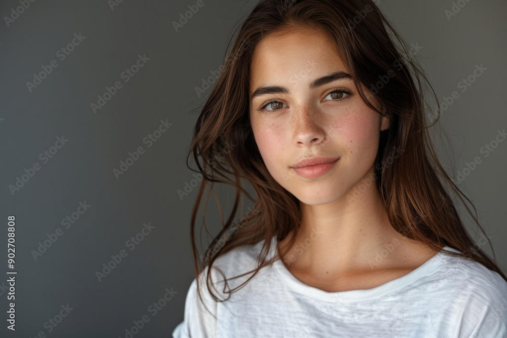 Fototapeta premium Beautiful young woman with freckles on a grey background