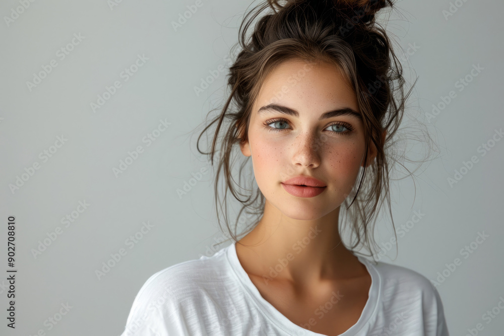 Beautiful young woman in white t-shirt on grey background Beautiful young woman in white t-shirt on grey background