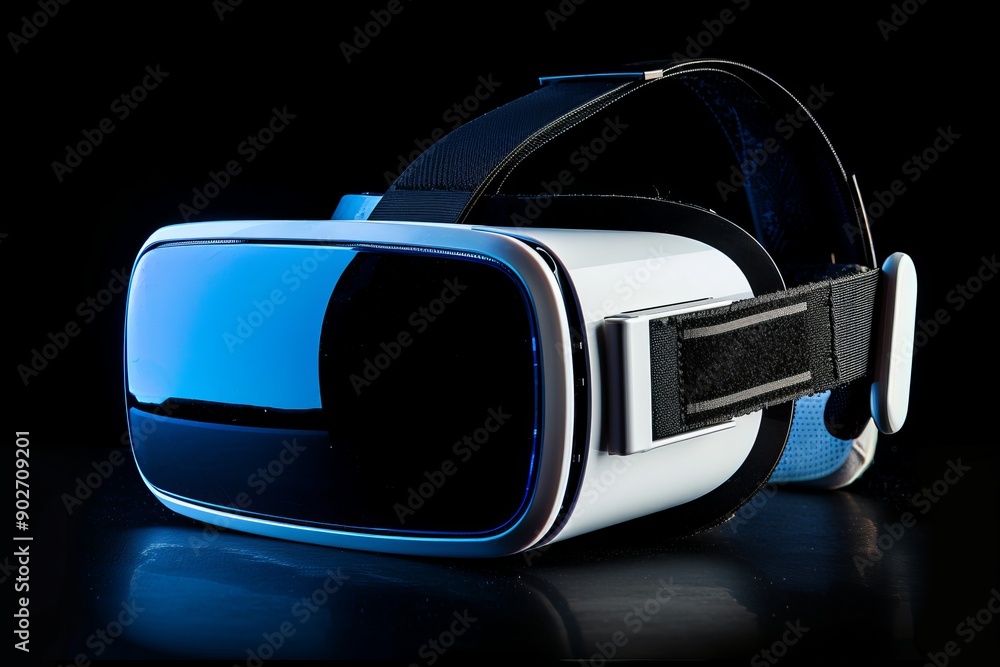 Virtual reality headset with blue lenses on a black background showcasing modern technology and immersive experience. Virtual reality headset with blue lenses on a black background showcasing modern technology and immersive experience.