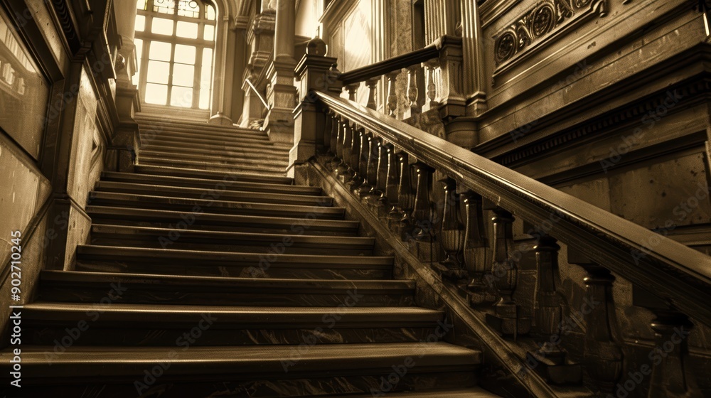 Fototapeta premium Grand sepia-toned staircase ascends toward a spacious window in a historic structure