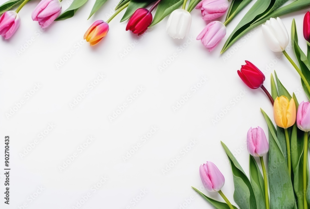 Blank White Frame with Tulips and Pastel Flowers on the Left Side Blank White Frame with Tulips and Pastel Flowers on the Left Side