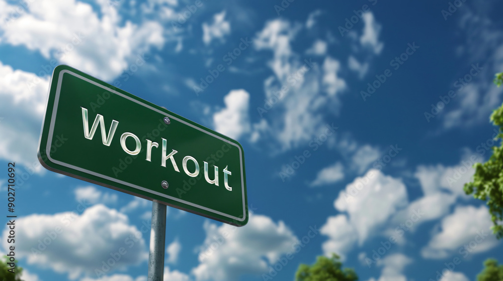 Green road sign with text workout over blue sky with clouds on sunny day Green road sign with text workout over blue sky with clouds on sunny day
