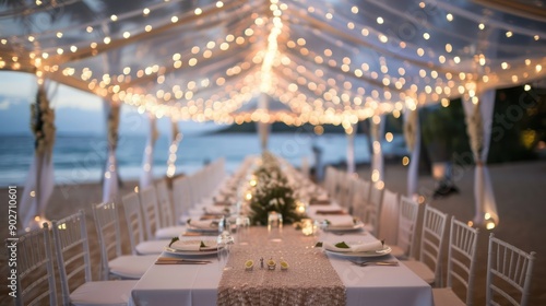 Fototapeta Naklejka Na Ścianę i Meble -  Elegant beach wedding reception under a tent with fairy lights