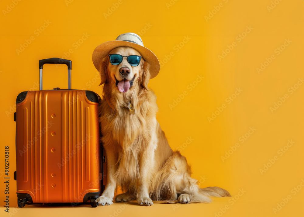 Golden retriever ready for travel with suitcase and hat