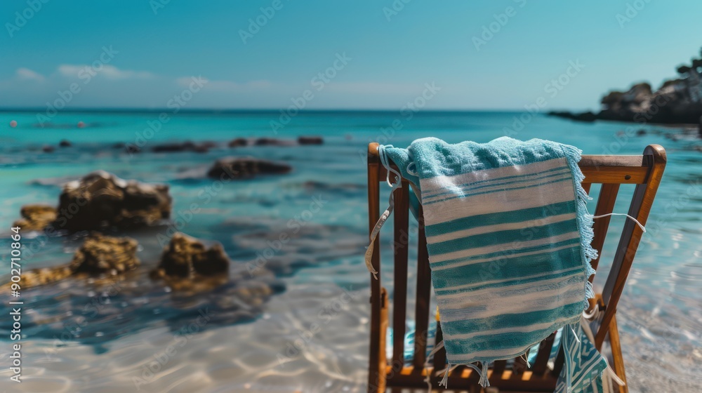 Fototapeta premium Beach towel hanging on a chair with the ocean in the background