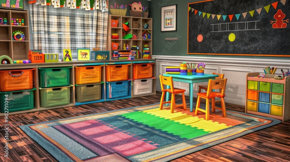 Naklejka premium A vibrant playroom with colorful storage bins, a large play mat, a small table and chairs for crafts, and a chalkboard wall.