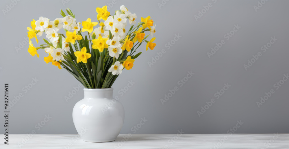 White Ceramic Vase with Yellow Flowers on a Table Against a Light Gray Background White Ceramic Vase with Yellow Flowers on a Table Against a Light Gray Background