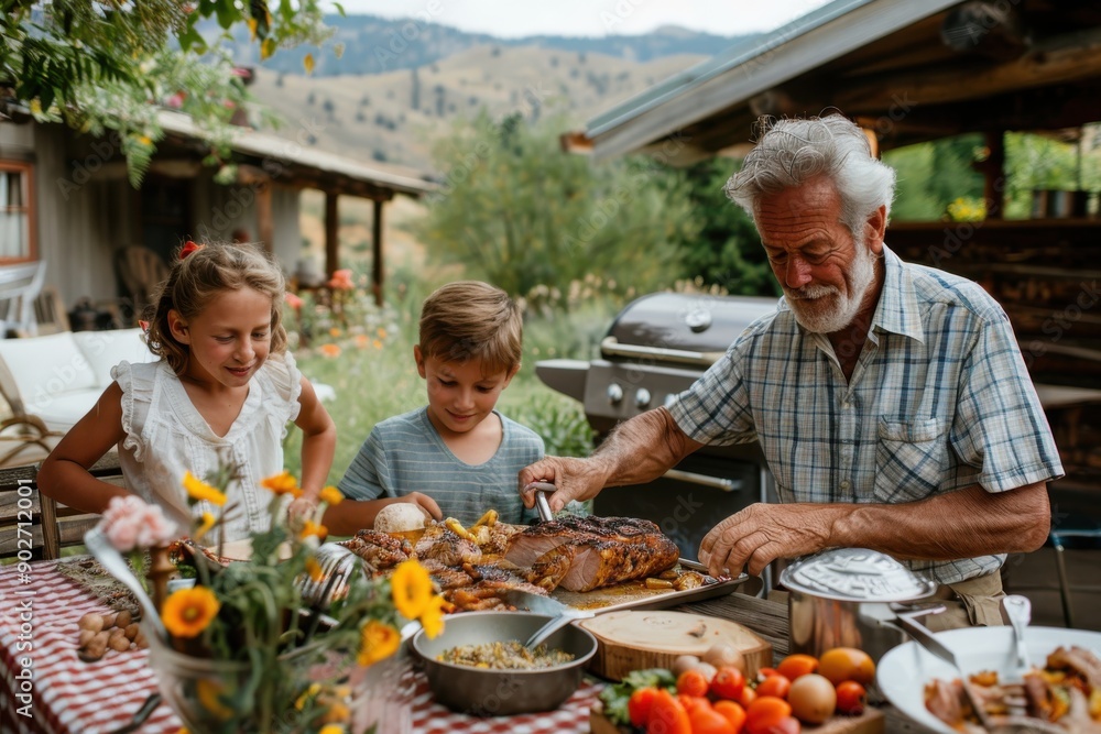 A delightful scene where a grandfather and his grandchildren enjoy barbecuing together outdoors, creating lasting memories filled with joy, smiles, and good food in a beautiful setting. A delightful scene where a grandfather and his grandchildren enjoy barbecuing together outdoors, creating lasting memories filled with joy, smiles, and good food in a beautiful setting.
