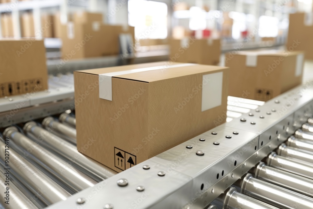Many cardboard boxes on a conveyor belt. Post office, warehouse, sorting department. Many cardboard boxes on a conveyor belt. Post office, warehouse, sorting department.