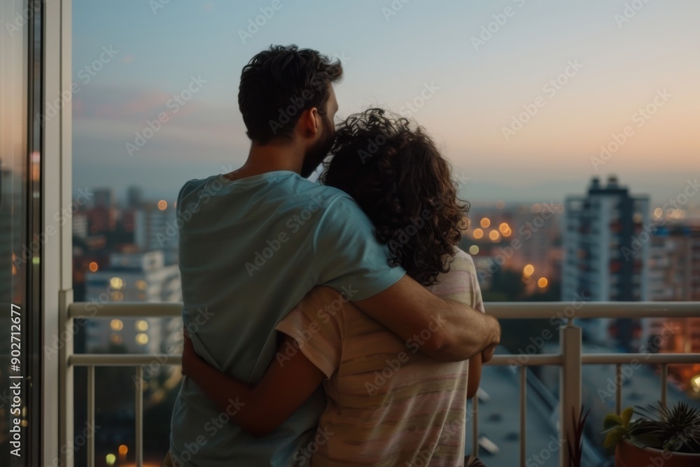 A couple embraces on their balcony, enjoying a view of their city lit up with sparkling lights at dusk, symbolizing love and urban intimacy in the twilight hours. A couple embraces on their balcony, enjoying a view of their city lit up with sparkling lights at dusk, symbolizing love and urban intimacy in the twilight hours.