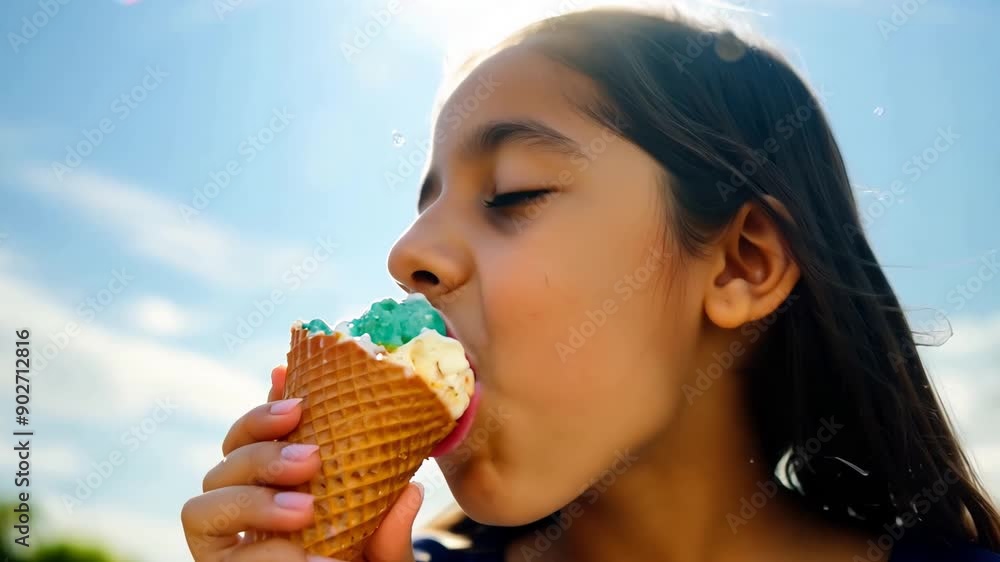 A young girl smiles with delight while savoring a colorful ice cream cone outdoors