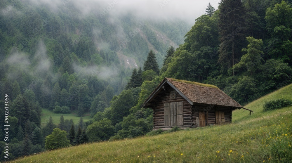 old wooden hut cabin in mountain alps at rural landscape old wooden hut cabin in mountain alps at rural landscape