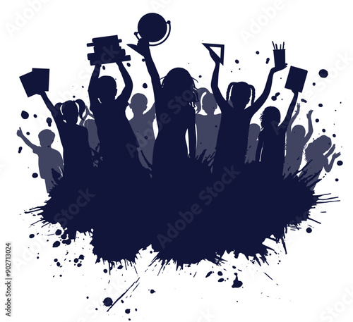 Back to school. Silhouettes of  children with school supplies and grunge splash with copy space. Vector illustration