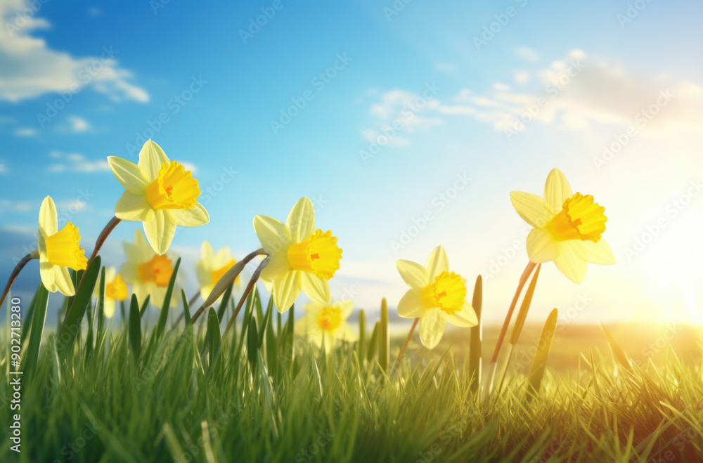 Yellow Daffodils in the Grass with Sun Shining Under a Blue Sky Yellow Daffodils in the Grass with Sun Shining Under a Blue Sky