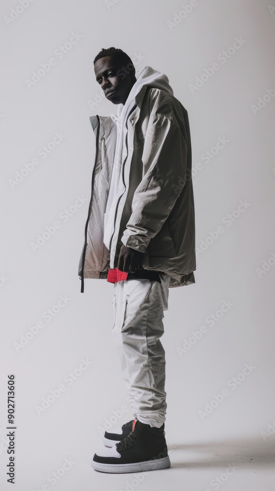 Man in layered streetwear outfit posing confidently Man in layered streetwear outfit posing confidently