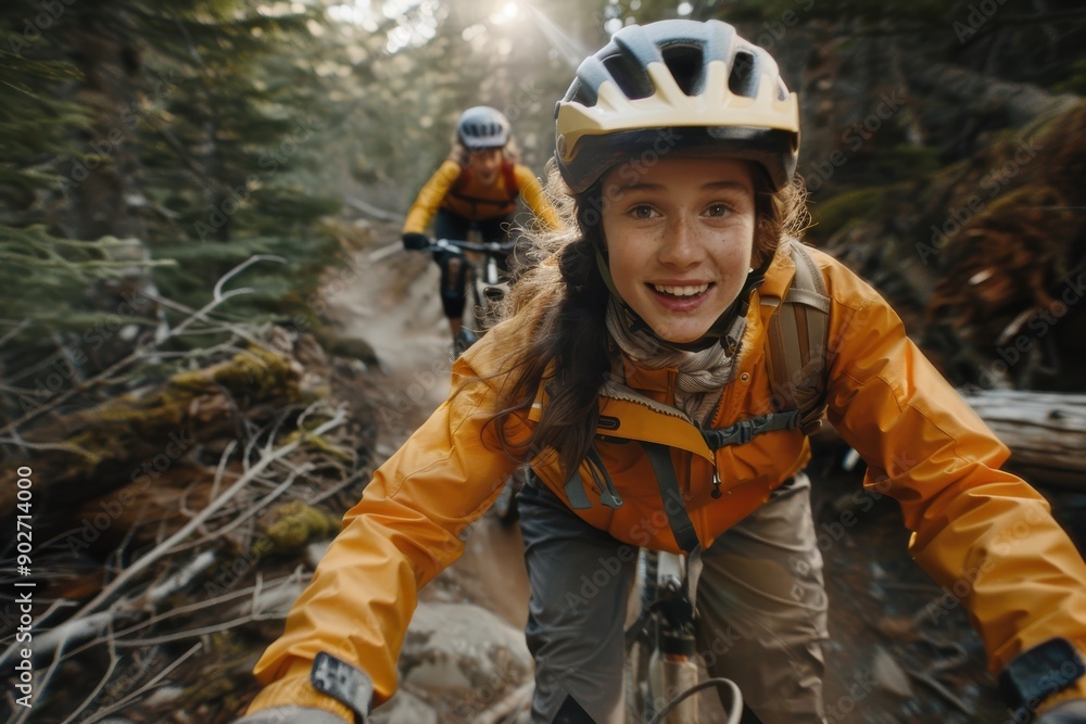 An enthusiastic female mountain biker leads a group through a rugged forest trail, displaying energy and determination, with sunlight filtering through the trees. An enthusiastic female mountain biker leads a group through a rugged forest trail, displaying energy and determination, with sunlight filtering through the trees.