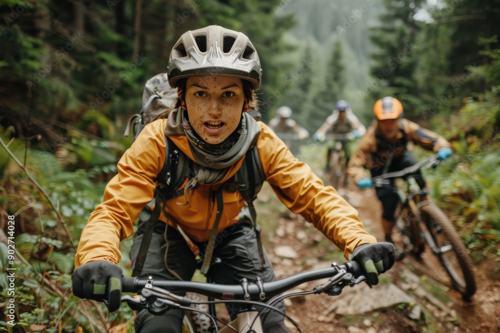 A determined mountain biker leads a group through a forest trail, demonstrating focus and adventure, equipped with helmets and riding gear, amidst lush green surroundings. A determined mountain biker leads a group through a forest trail, demonstrating focus and adventure, equipped with helmets and riding gear, amidst lush green surroundings.
