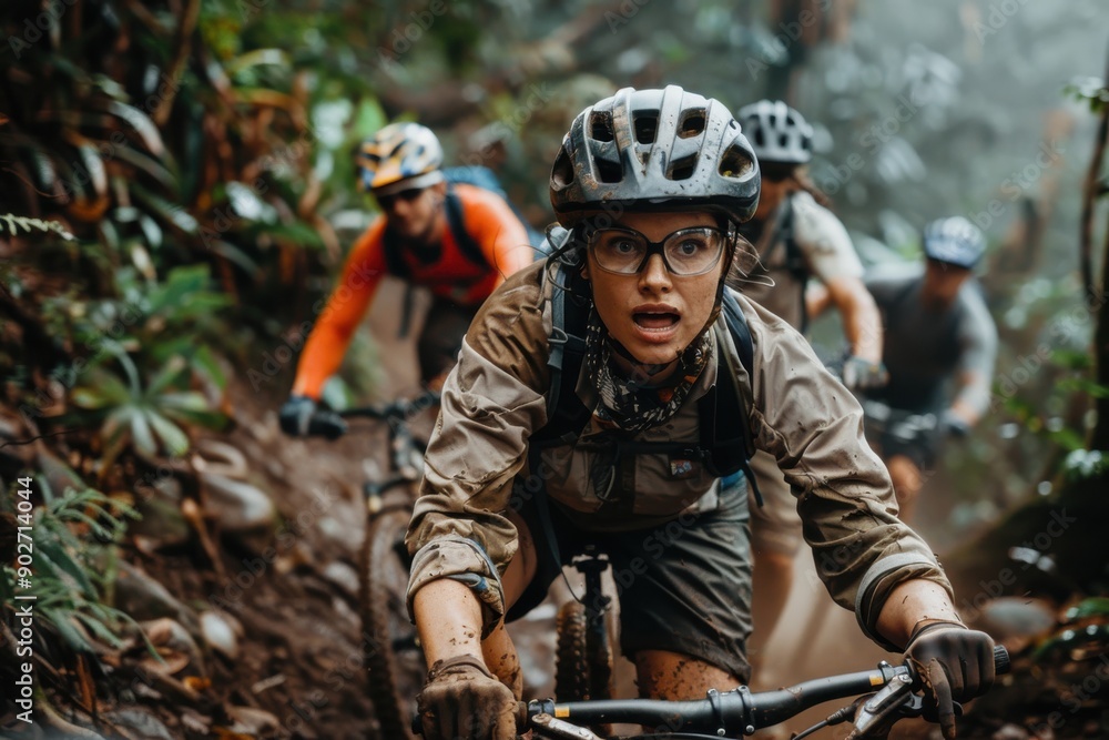 A focused mountain biker rides through a challenging, muddy forest trail, leading a group, epitomizing thrill and adventure, fully geared with helmet and glasses. A focused mountain biker rides through a challenging, muddy forest trail, leading a group, epitomizing thrill and adventure, fully geared with helmet and glasses.