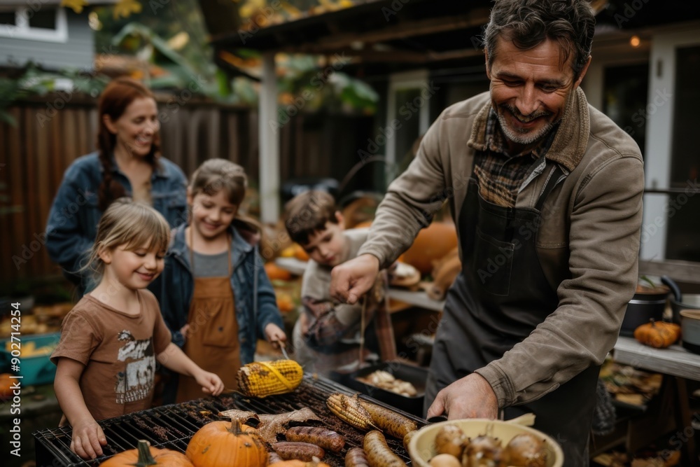 A family enjoys an outdoor barbecue session in their backyard, grilling various foods surrounded by fall decorations like pumpkins, on a pleasant autumn day. A family enjoys an outdoor barbecue session in their backyard, grilling various foods surrounded by fall decorations like pumpkins, on a pleasant autumn day.