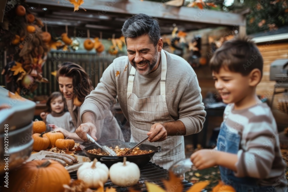 A family with children gathers outdoors in a festive autumn setting, cooking together on a grill and sharing smiles and laughter, surrounded by pumpkins and leaves. A family with children gathers outdoors in a festive autumn setting, cooking together on a grill and sharing smiles and laughter, surrounded by pumpkins and leaves.