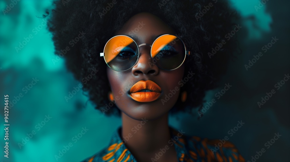 Close up photo of an African American woman wearing round glasses, orange lips, reflections in the lenses, orange and black color scheme, moody, cinematic, fashion photography, professional lighting, Close up photo of an African American woman wearing round glasses, orange lips, reflections in the lenses, orange and black color scheme, moody, cinematic, fashion photography, professional lighting,