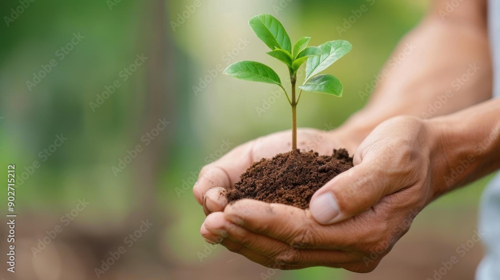 Close-up of hands holding a small seedling with soil. Close-up of hands holding a small seedling with soil.