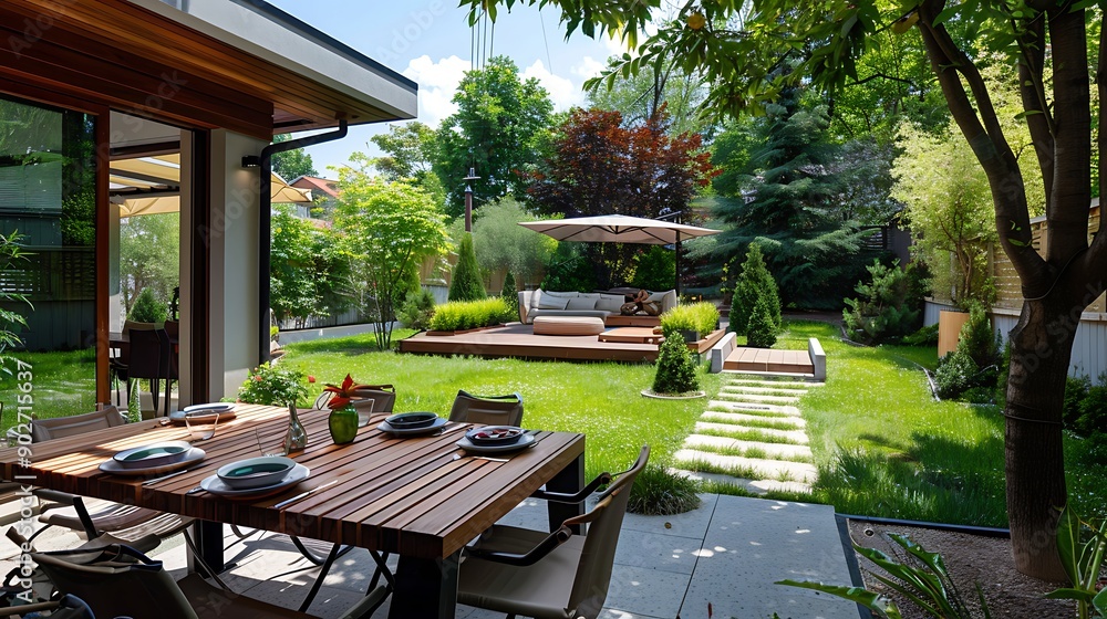 Obraz premium Comfortable backyard dining area of a contemporary home