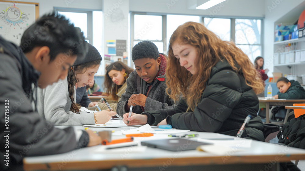 a group of students working on a project in a classroom setting a group of students working on a project in a classroom setting