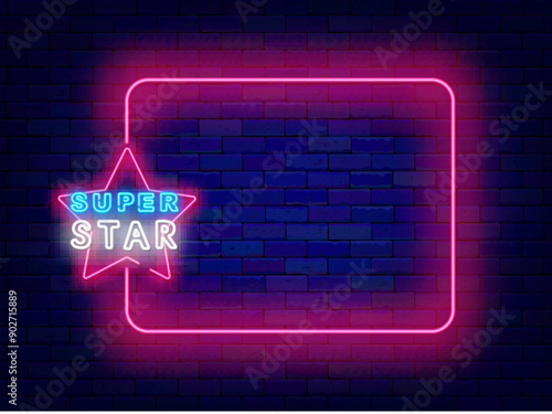 Super star neon announcement. Famous celebrity. Talent show. Shiny holiday promotion. Empty pink frame and text. Competition and party. Party celebration. Editable stroke. Vector stock illustration