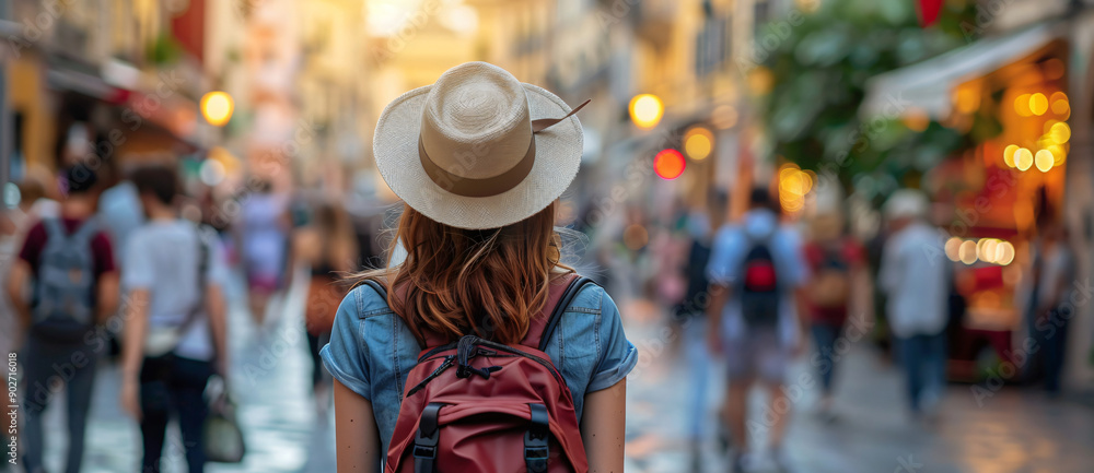 A woman in a hat and backpack walks through a bustling city street, surrounded by a crowd of people. A woman in a hat and backpack walks through a bustling city street, surrounded by a crowd of people.