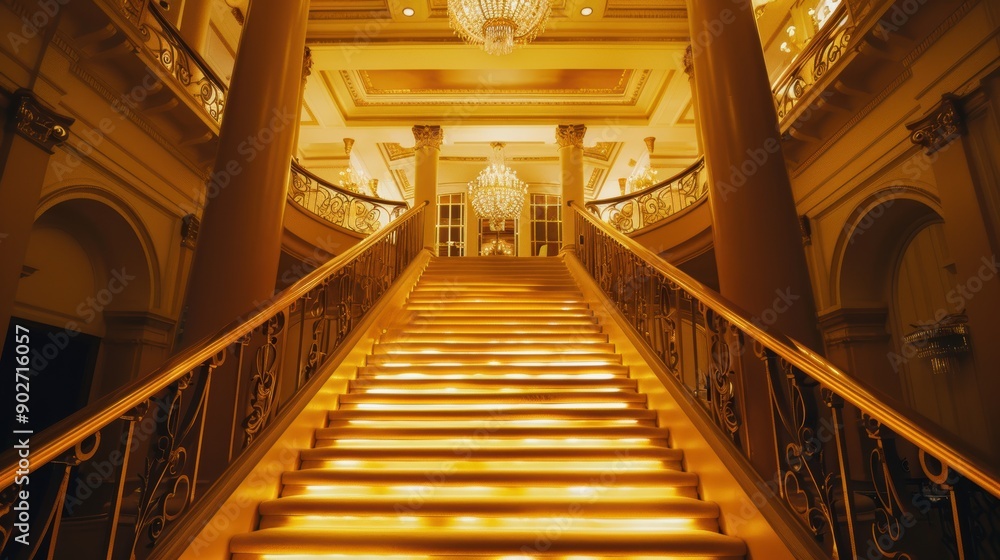 Obraz premium Wide angle shot of a grand staircase bathed in golden light leading up to a luxurious ballroom