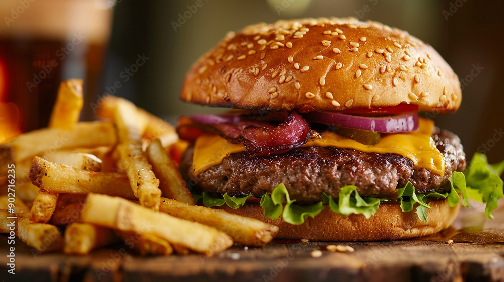 a classic American cheeseburger with fries a classic American cheeseburger with fries