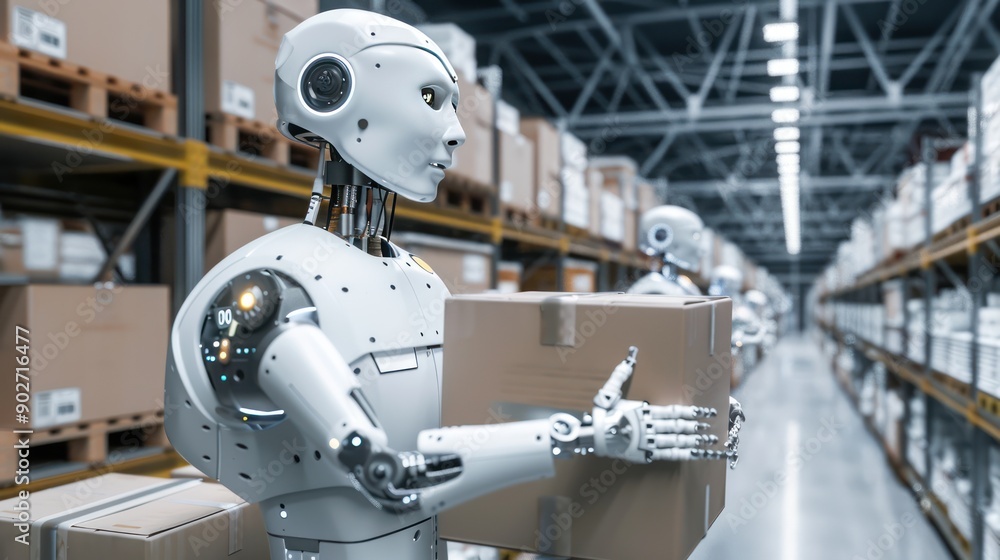 AI robots handling repetitive tasks in a warehouse AI robots handling repetitive tasks in a warehouse