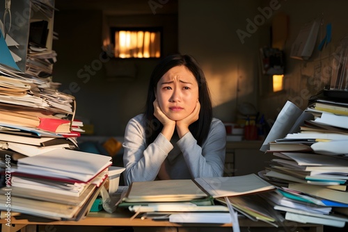 Asian woman or student with burnout face with stress of school homework disorganized books and documents