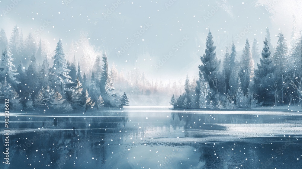 Fototapeta premium winter wonderland, capture the serene winter magic with a snowy forest and shimmering lake in a dreamy white christmas banner, complete with gently falling snowflakes